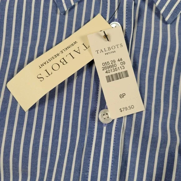 Talbots Shirt Womens 6P Blue White Stripe Button Front Wrinkle Resistant Petites - Picture 3 of 10